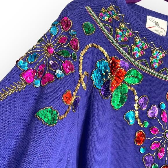 Vintage SML Sport LTD Tunic Sweater Women's Medium Purple Sequin Beaded Glam 80s - Picture 7 of 12